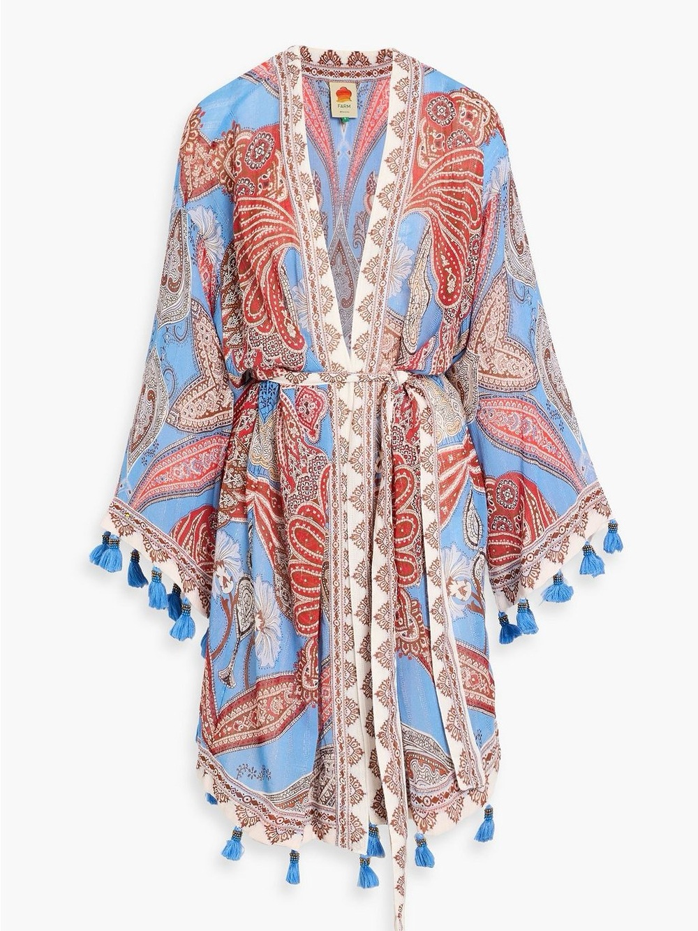 FARM Rio Blue & Red Paisley Tassel Beach Robe